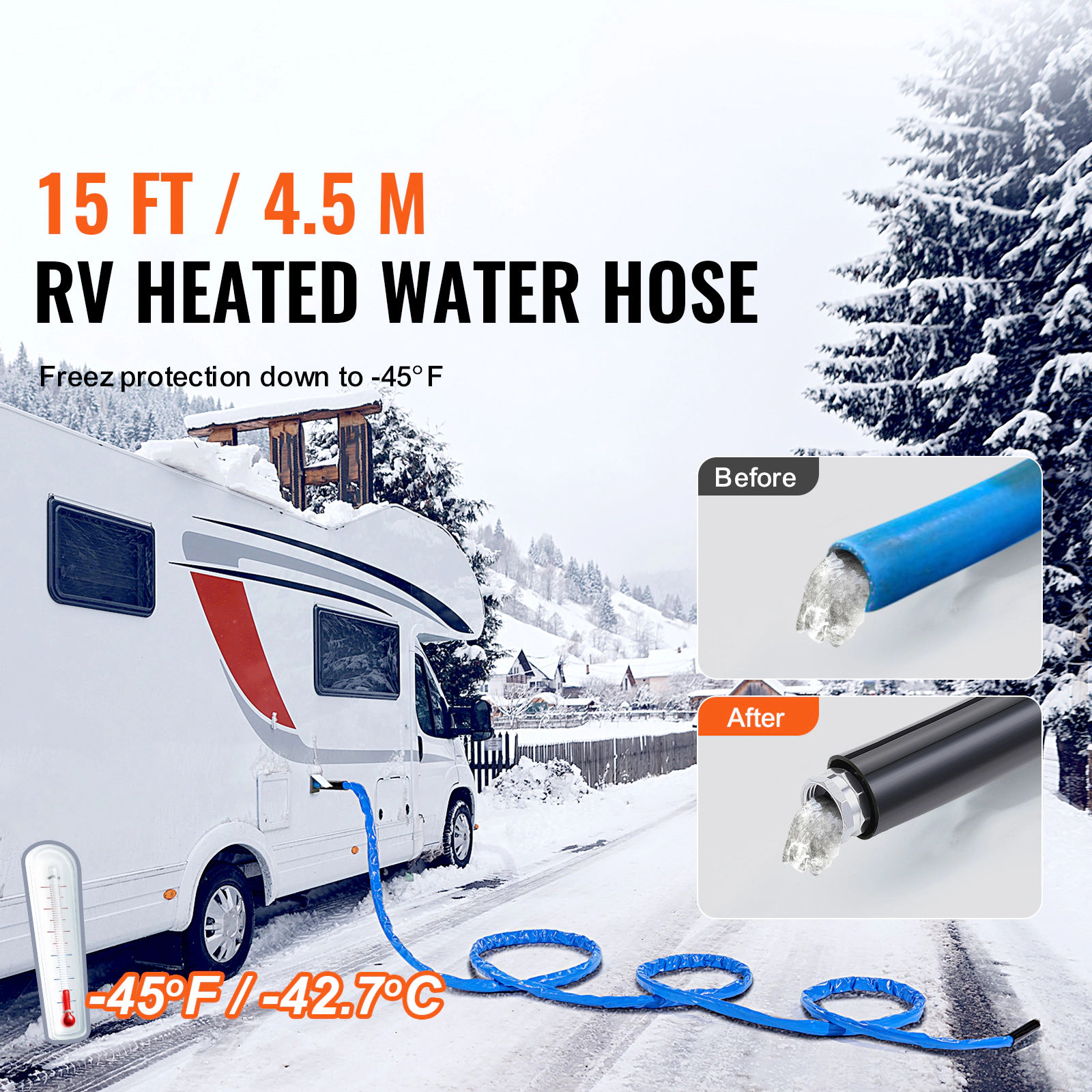 HONGGE 15 ft Heated RV Water Hose, Corrugated Cover, Antifreeze to -45°F, Self-Regulating 5/8-inch Hose