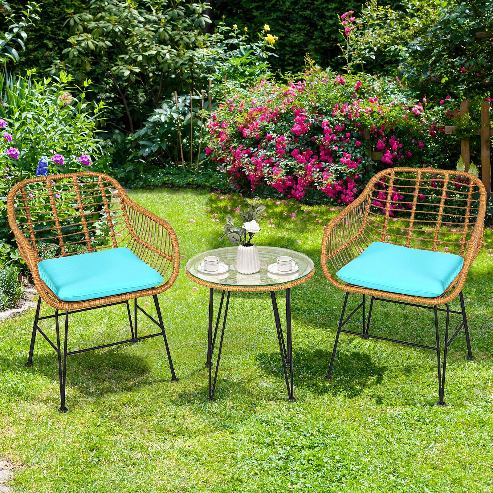 SUGIFT 3-Piece Rattan Conversation Set with Cushioned Chairs and Coffee Table 400-lb Chair Capacity Turquoise