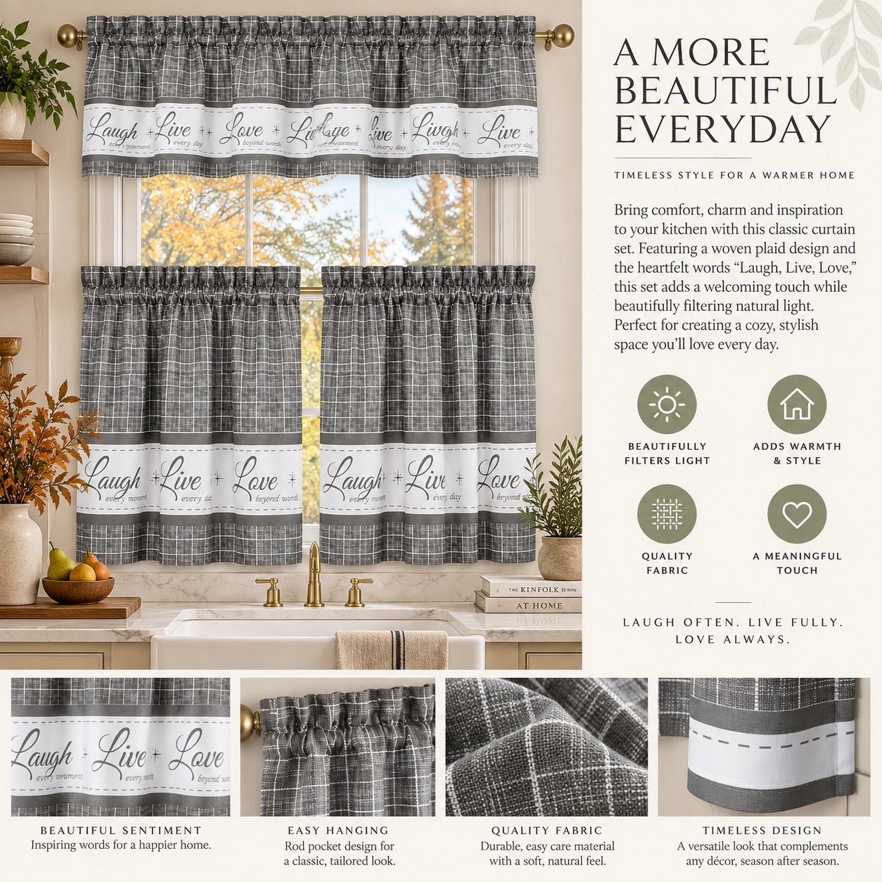 Kate Aurora Country Farmhouse Gingham Plaid Check Live~Laugh~Love 3 Pc Kitchen Curtain Set