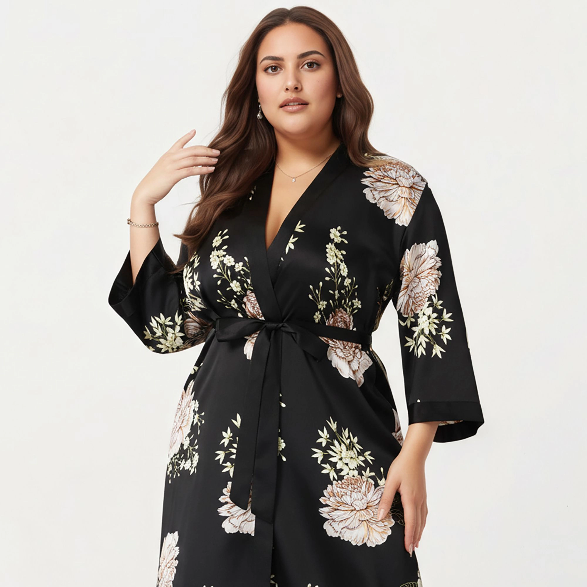 Anna-Kaci Women's Plus Floral Satin Long Robe with Contrast Trim Wrap Front Silhouette and Waist Tie Belt