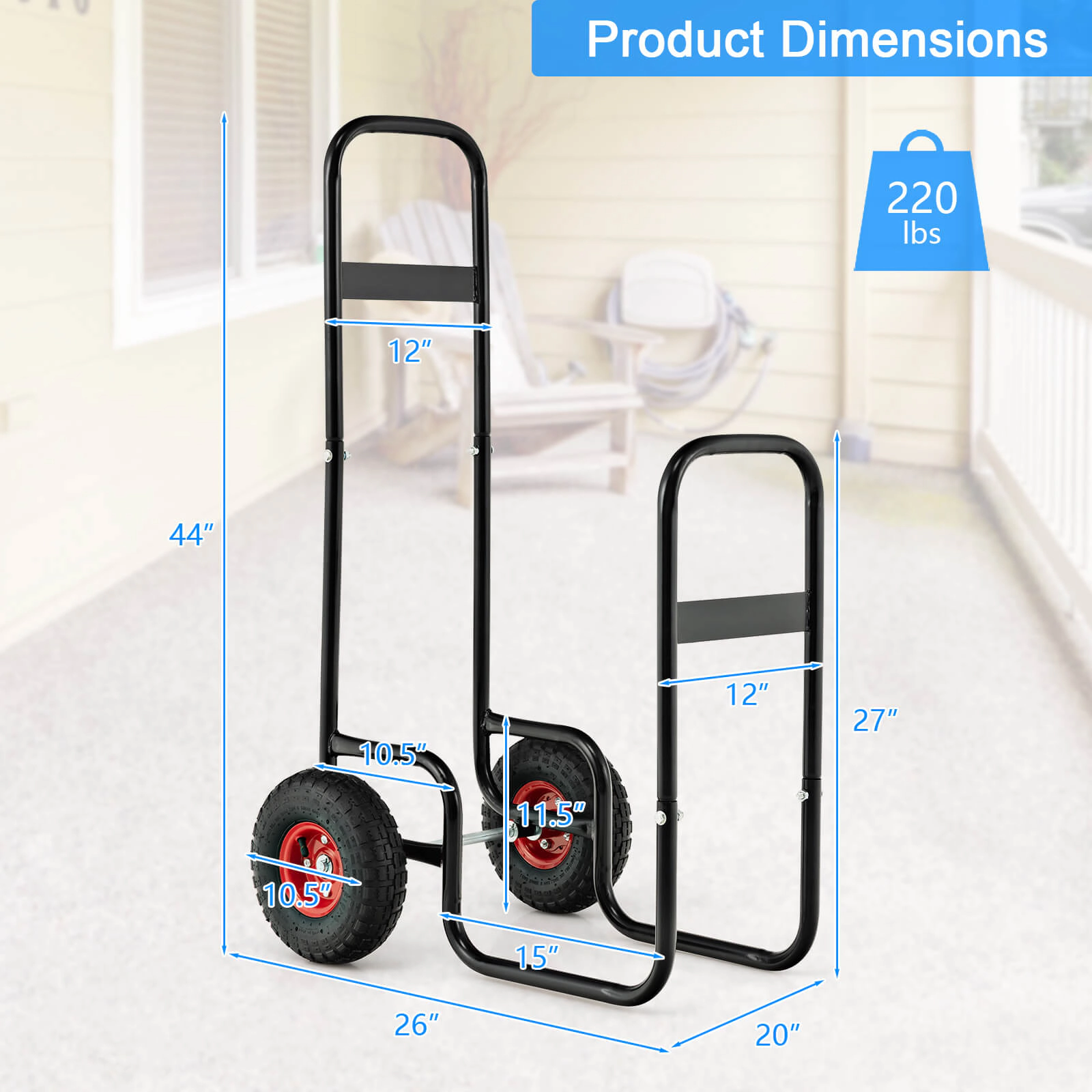 SUGIFT Steel Firewood Log Cart Carrier and Rack with 220-lb Frame Capacity Black