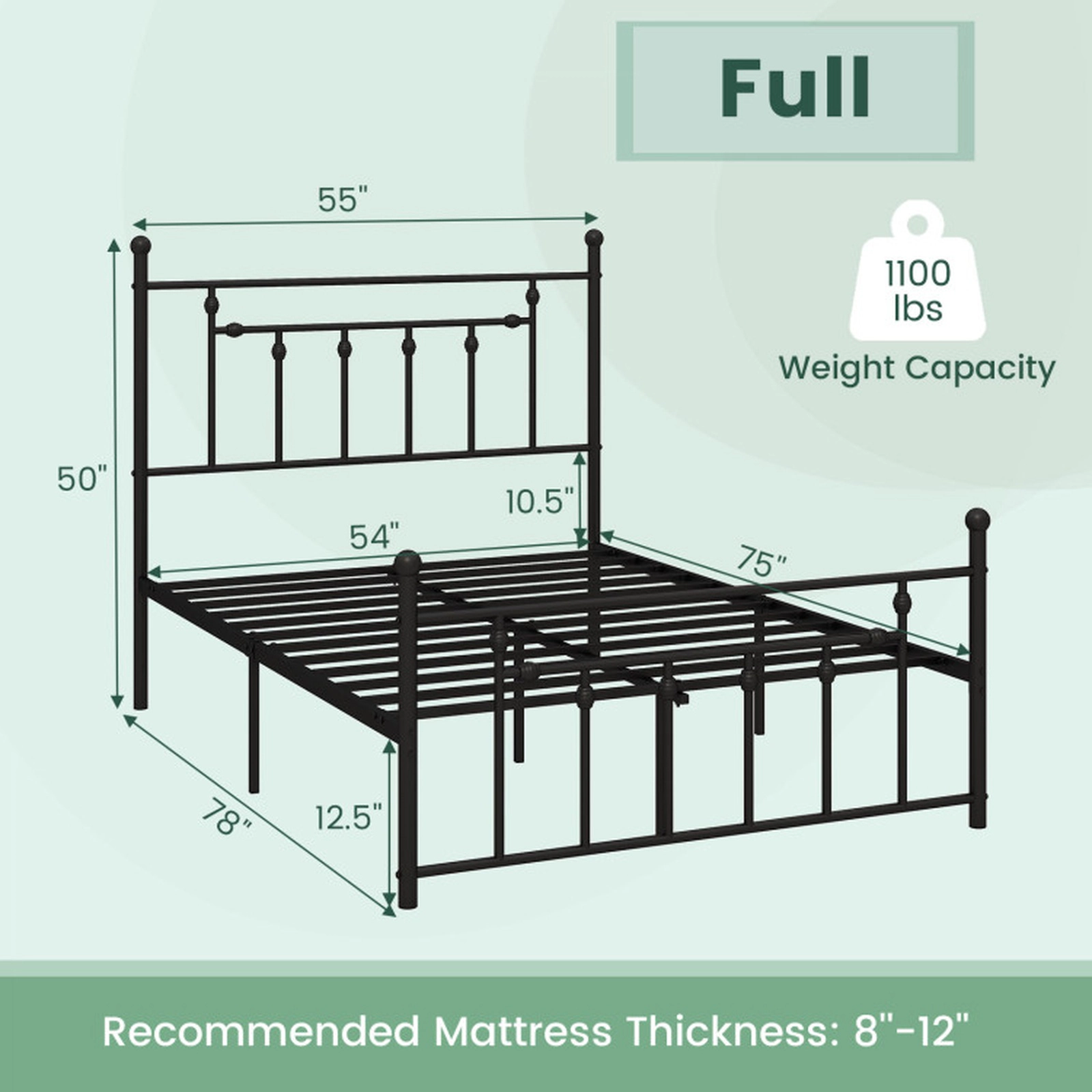 SUGIFT Twin Size 660-lb Bed Capacity Heavy Duty Metal Bed Frame with Headboard and Slat Support 50-in H Black