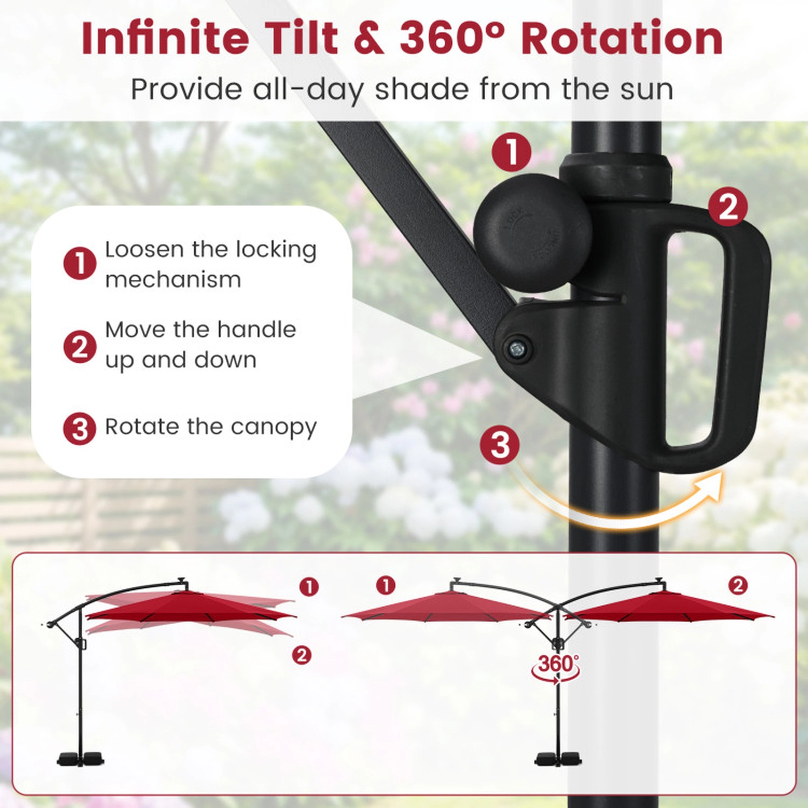 SUGIFT Solar Offset Hanging Patio Umbrella with Base and 96 LED Lights 10-ft x 8.5-ft Canopy Multi-Color