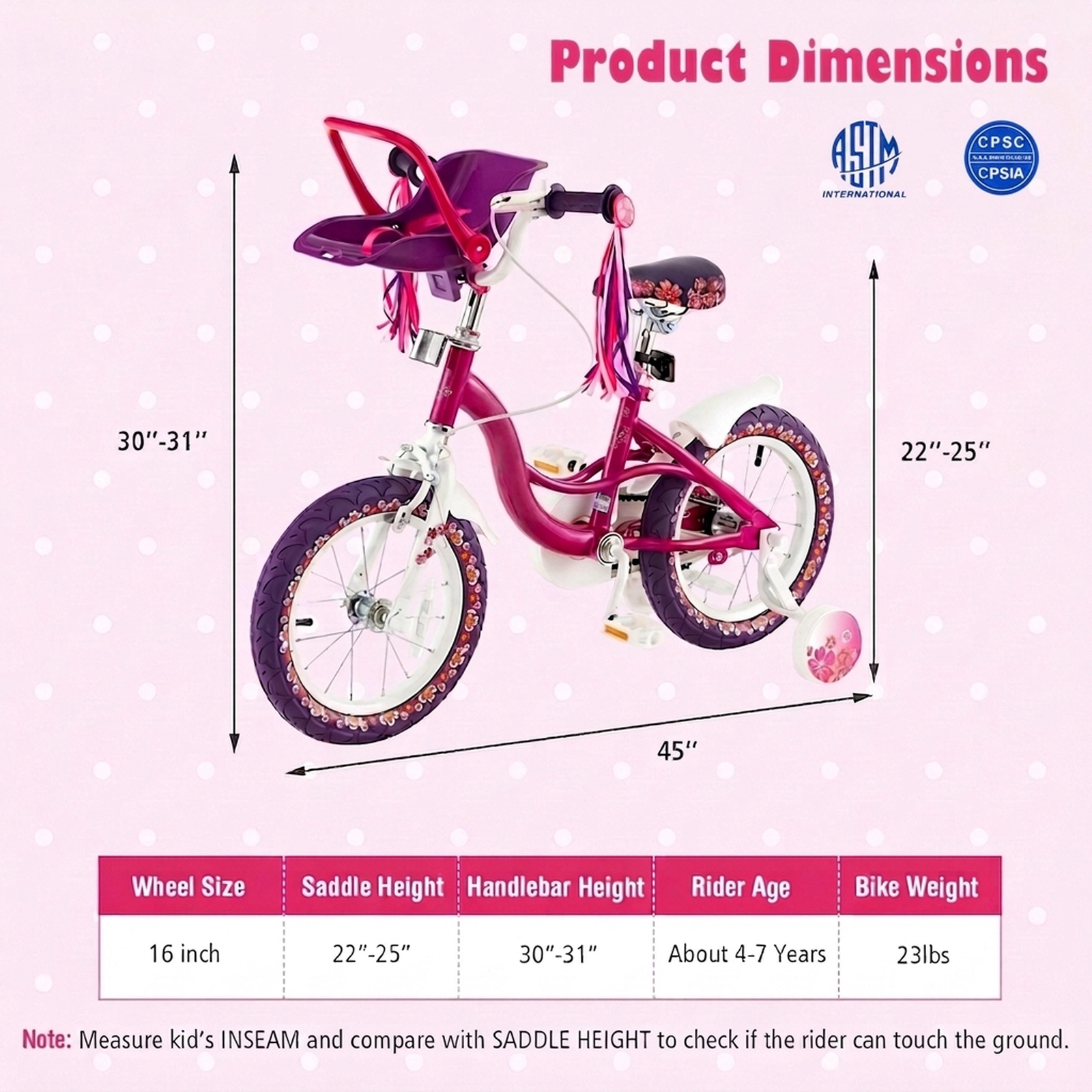 16-in Girls Bike Detachable Doll Seat Removable Training Wheels Hand/Coaster Brakes Wheel Reflectors Ages 4-7 Pink