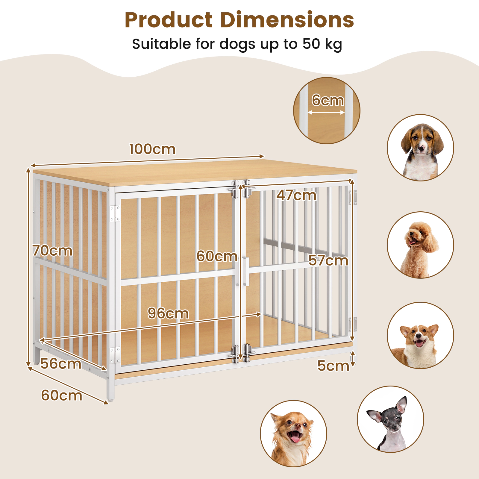 SUGIFT 40 in Dog Crate Furniture Natural Wooden Kennel with Dual Lockable Double Doors