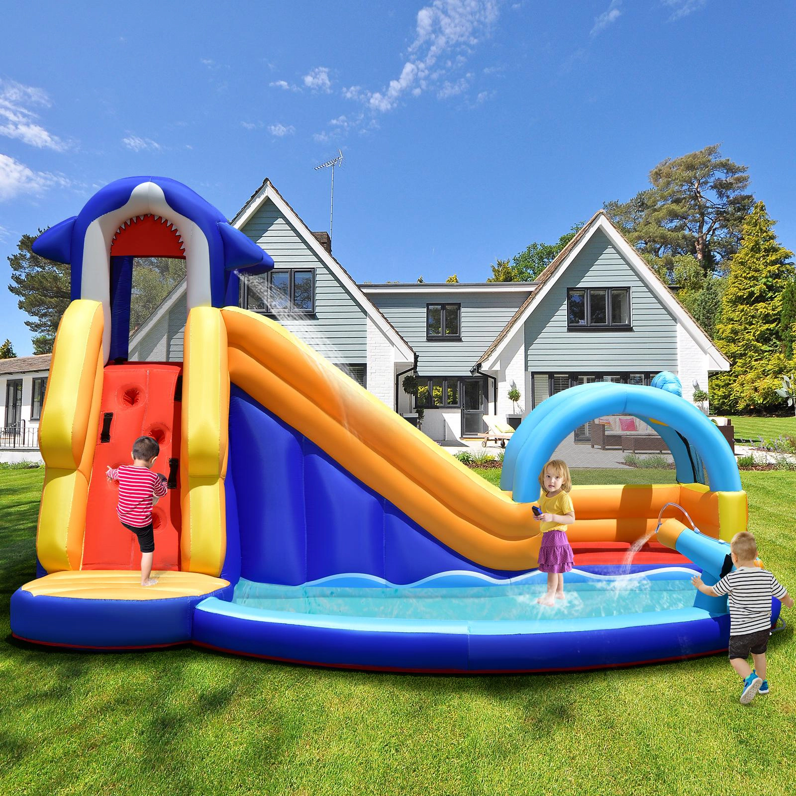 SUGIFT Blue 14-ft Inflatable Bouncy House with Water Slide Splash Pool and Mesh Safety Walls for Yard