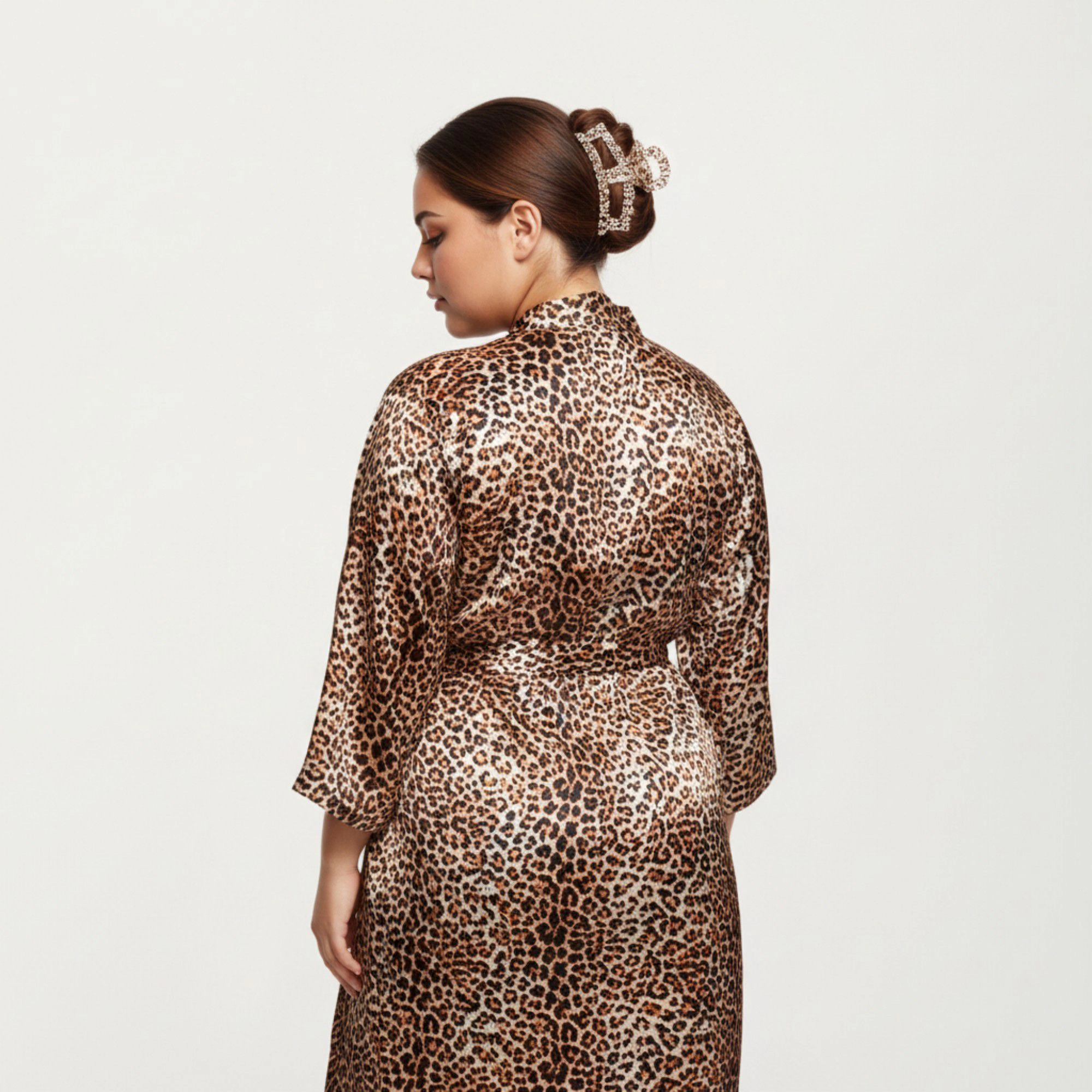 Anna-Kaci Women's Leopard Print Satin Robe Soft Silky Sheen Adjustable Wrap Tie Waist and Flowing Longline Silhouette