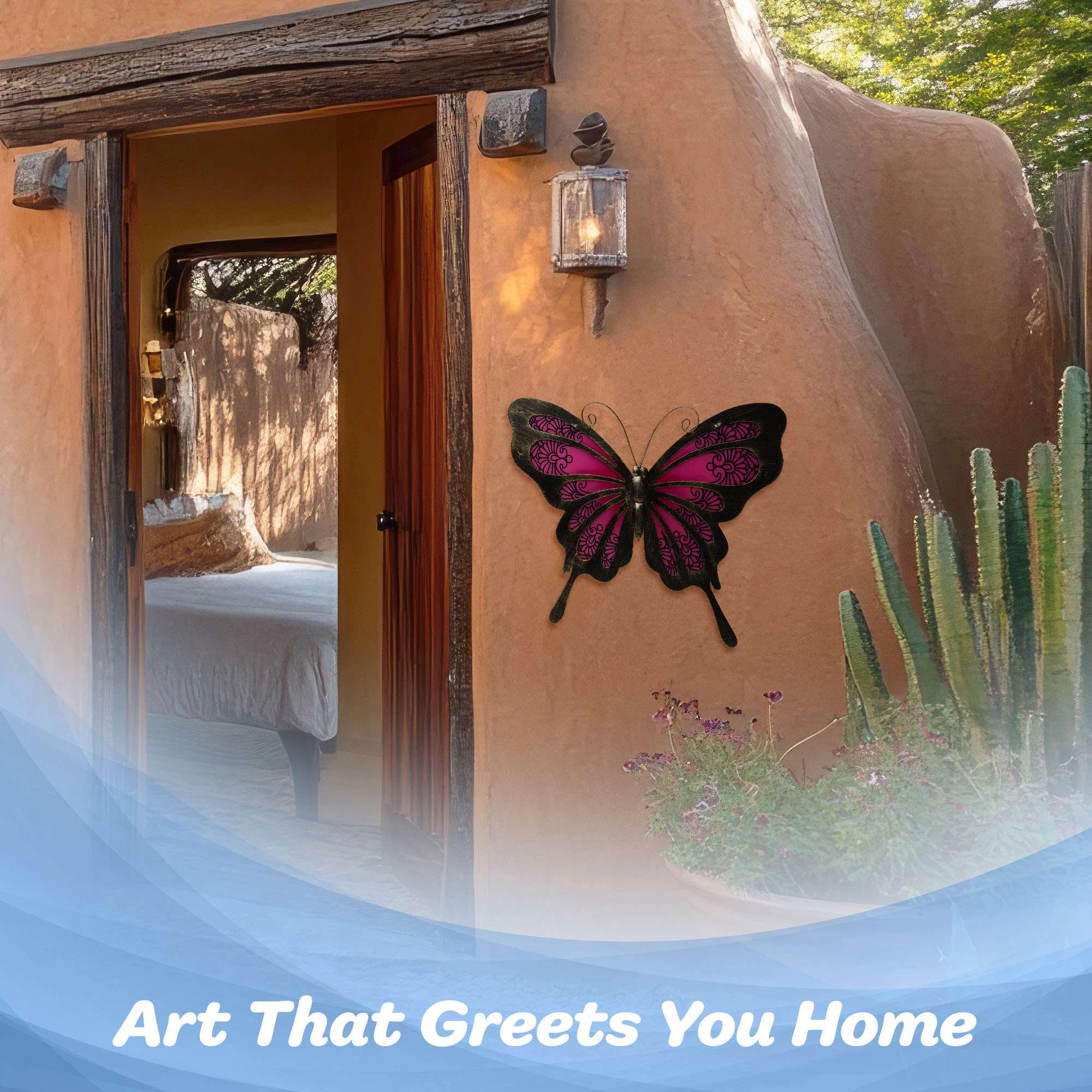 G128 Hand-Painted Pink Butterfly Metal Wall Art - 12 x 9 in Indoor Outdoor Wall Hanging