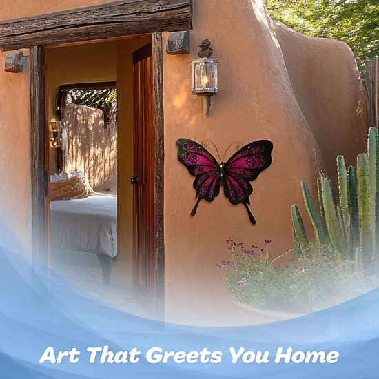 G128 Hand-Painted Pink Butterfly Metal Wall Art - 12 x 9 in Indoor Outdoor Wall Hanging