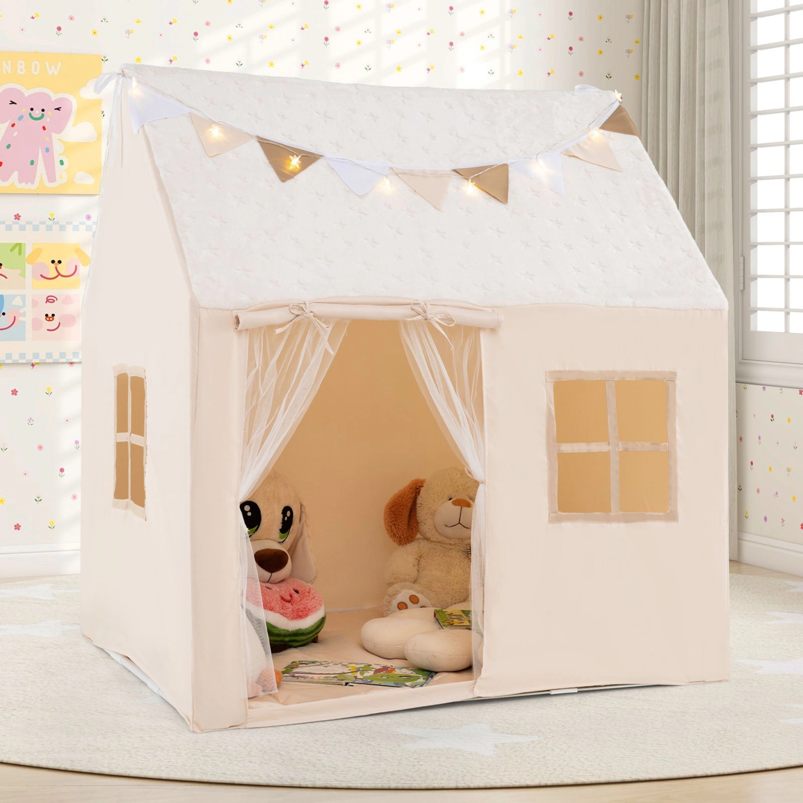 Slickblue Children Playhouse Tent with Warm Lights and Flags