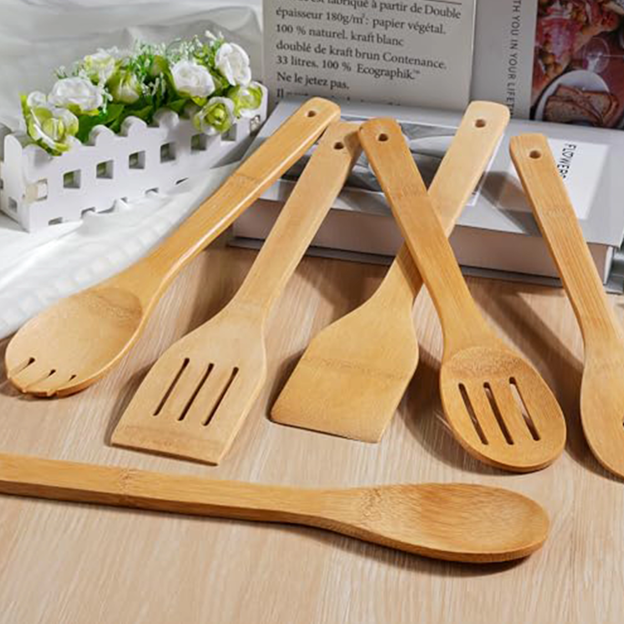 Cheer Collection 6-Piece Bamboo Cooking Utensil Set with Spatulas, Spoons and Turners