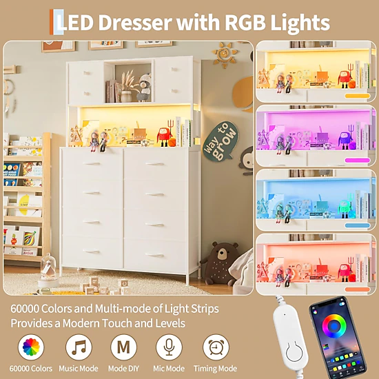 12 Drawer Fabric Dresser with LED Lights, Power Outlet & Open Shelves, Wood Top Metal Frame