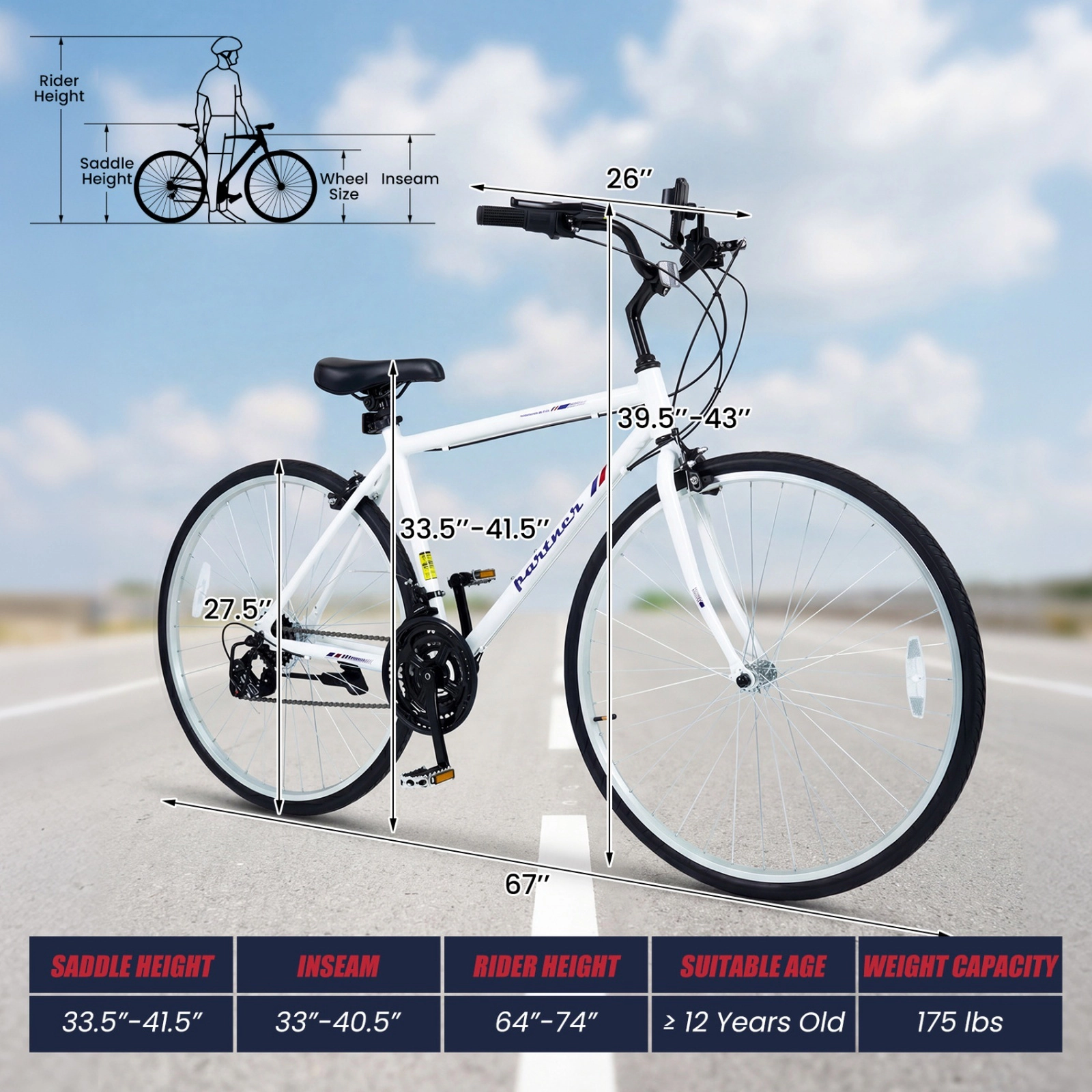 700C Hybrid Bike for Adults 18-Speed Drivetrain Dual Caliper Brakes Aluminum Frame and Phone Holder Ages 12+ White