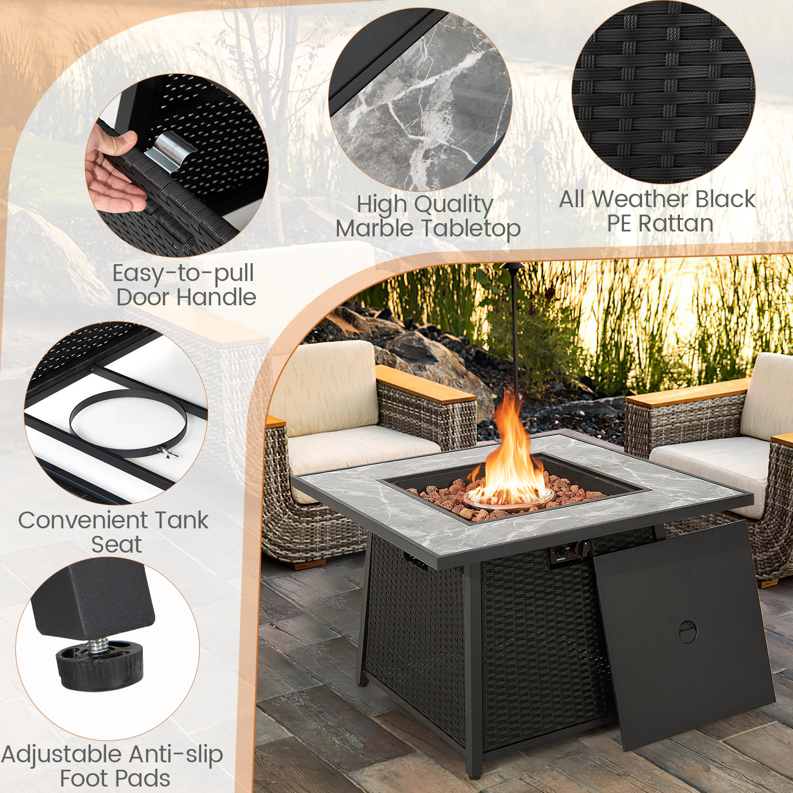 SUGIFT 7-Piece Red Patio Rattan Sectional Set with 50000-BTU Fire Pit Table 35-in W 24.5-in H 400-lb Sofa Capacity