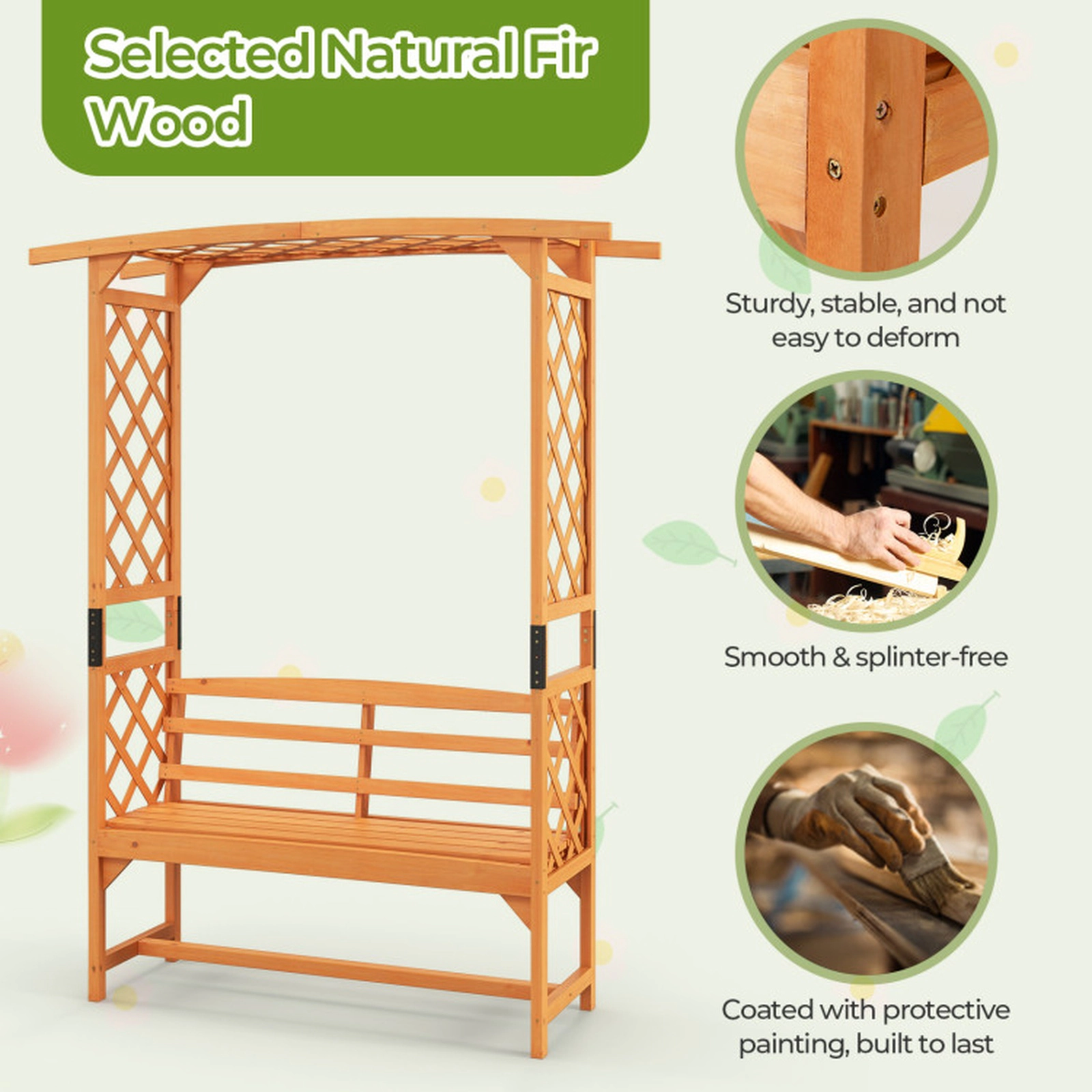 SUGIFT 6.5-ft Tall Fir Wood Patio Garden Arbor with Pergola and 2-Seat Bench 660-lb Capacity 63-in Wide Yellow