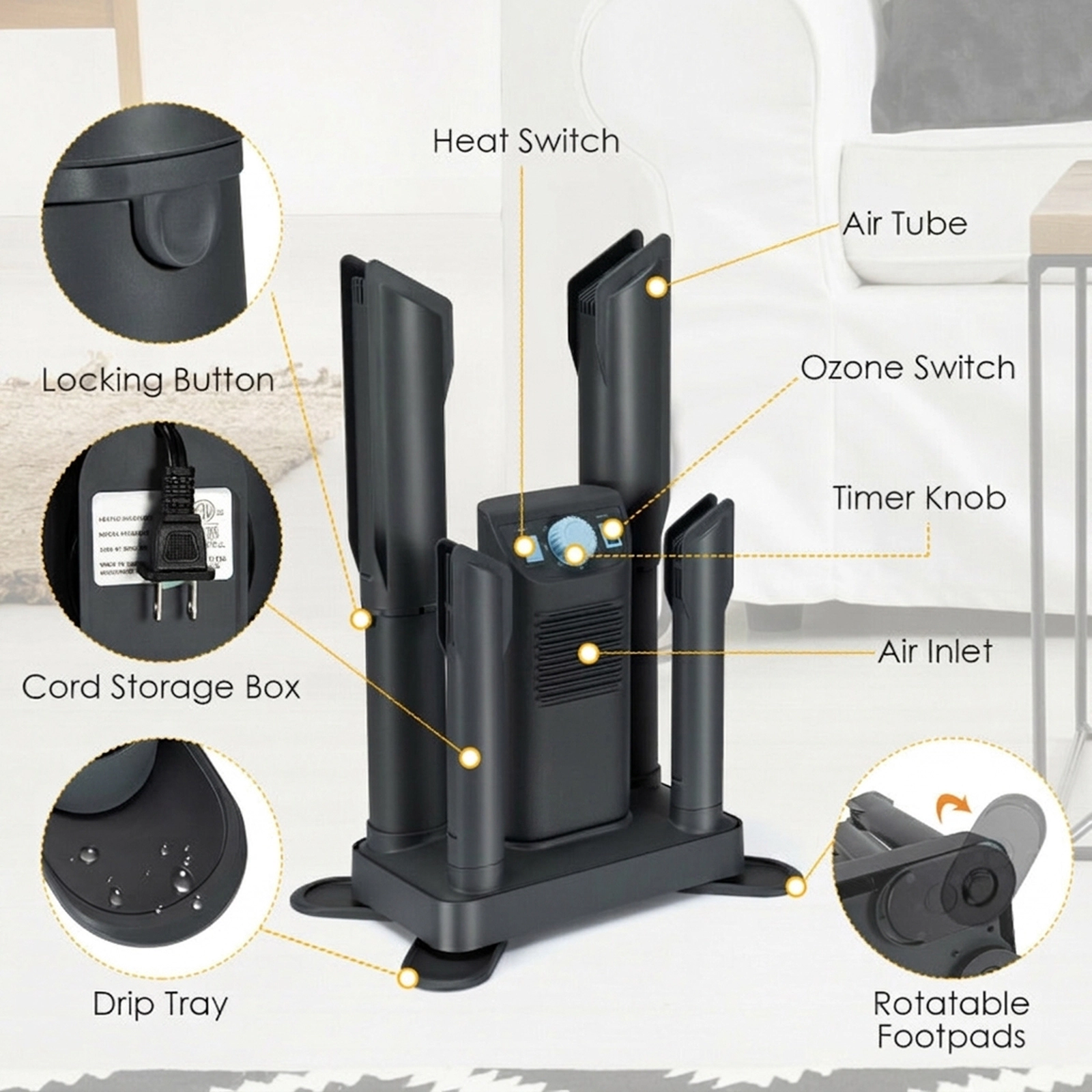 SUGIFT Gray Electric Shoe and Boot Dryer with Ozone Disinfection for 4 Shoes 180-Minute Timer 15-in W 20.5-in H