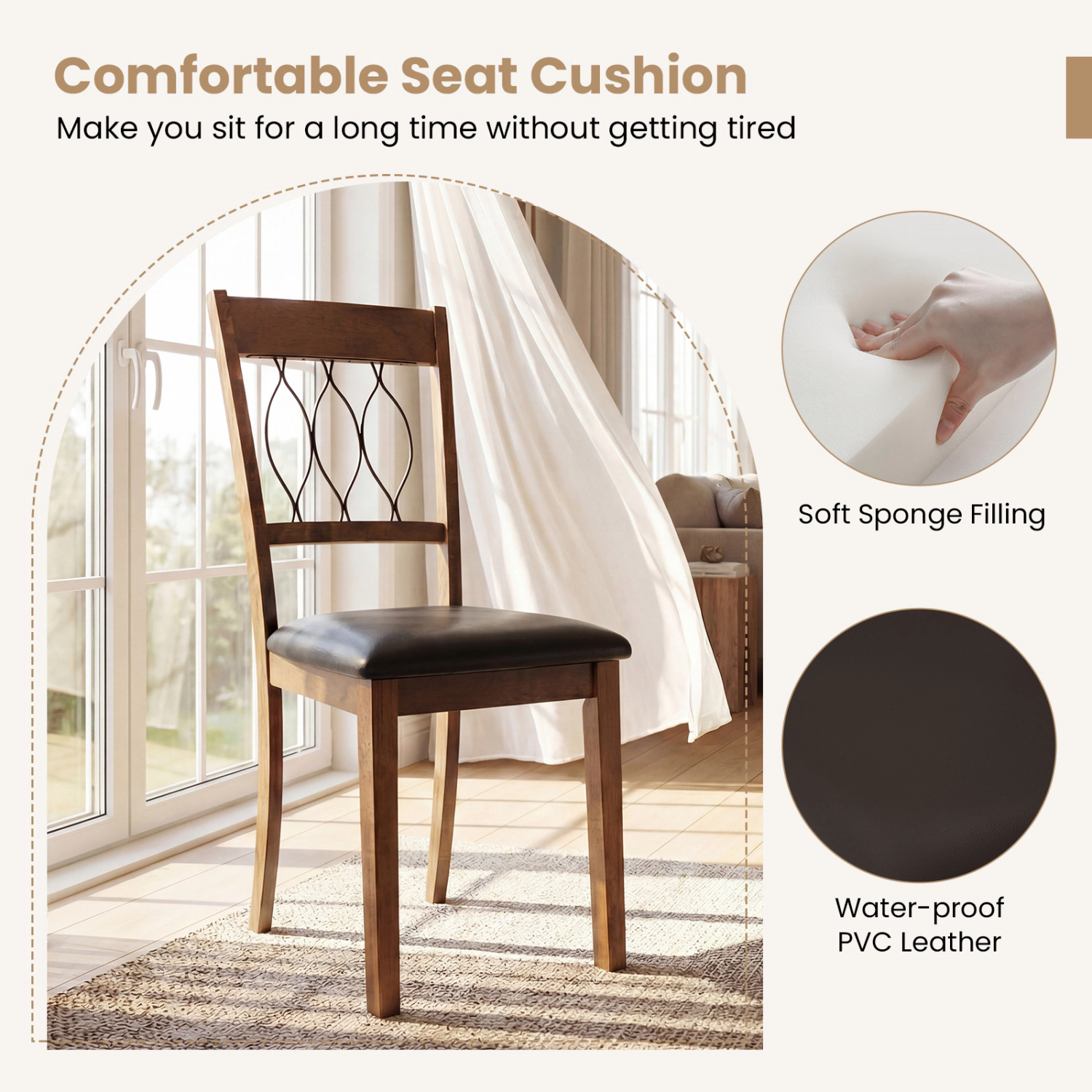 SUGIFT Walnut Faux Leather Upholstered Padded Seat Hollow Back Set of 2 Dining Chairs