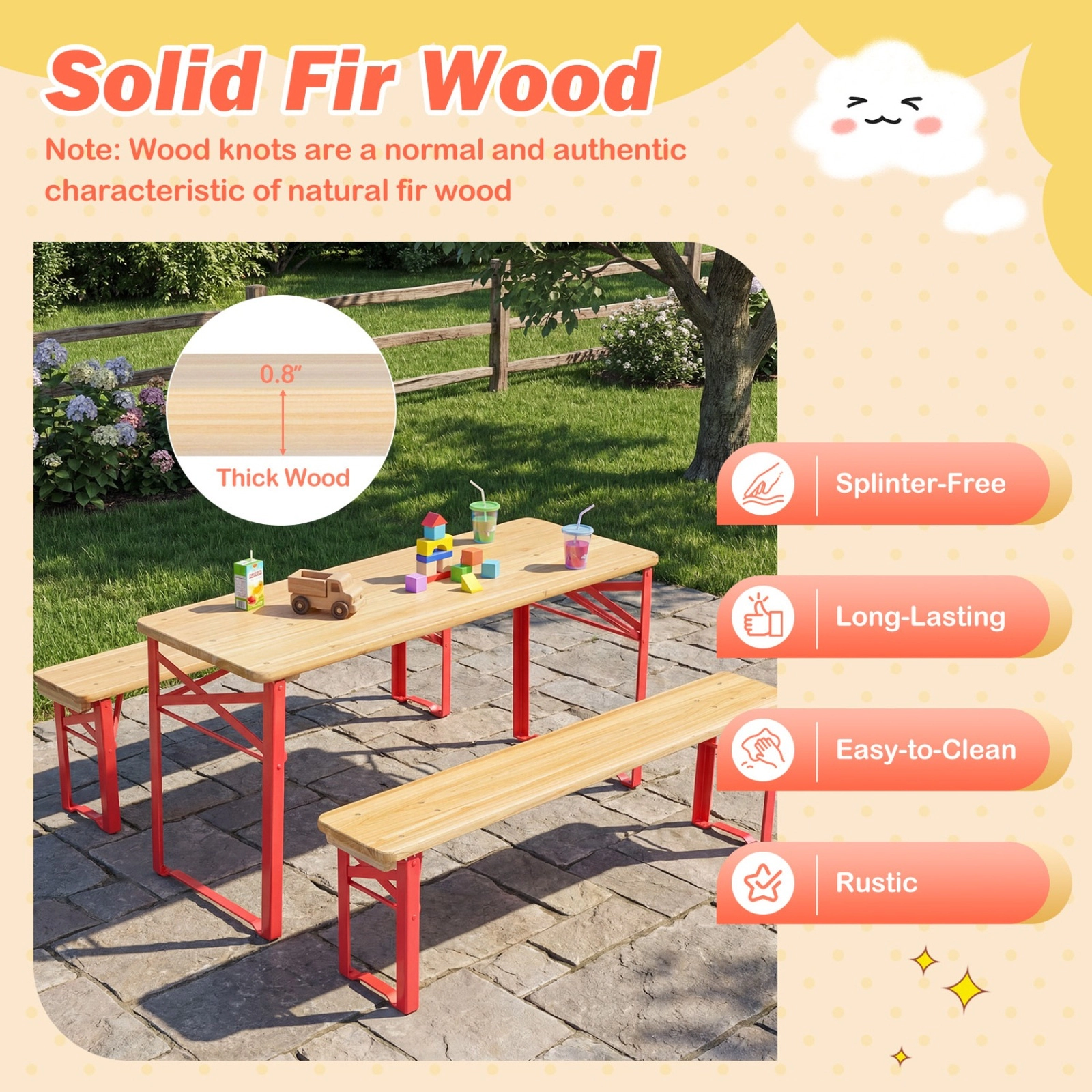 SUGIFT Folding Kids Picnic Table and Bench Set 110-lb Table 330-lb Bench Capacity Ages 3-8 Red and Natural