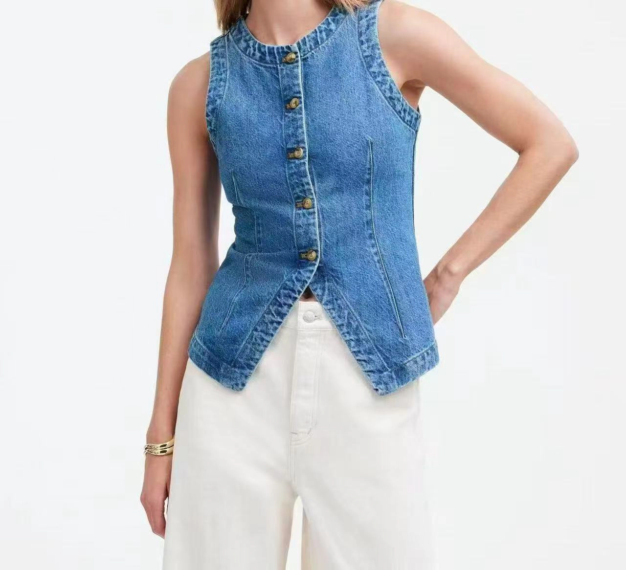 KOJOOIN Women's Button‑Down Denim Vest Round Neck Sleeveless Jean Waistcoat Split Hem Structured Top