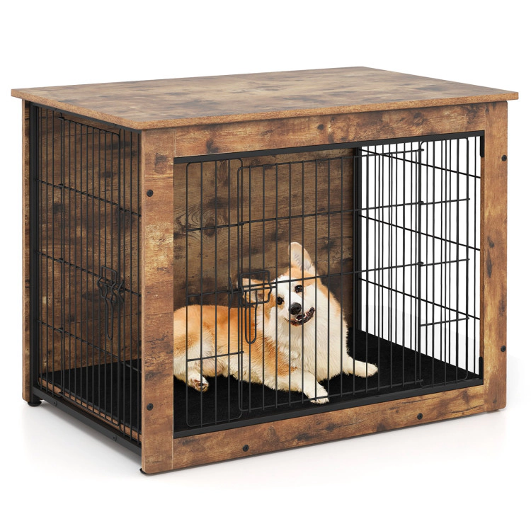 SUGIFT Dog Crate Furniture Rustic Brown with Cushion Double Doors and 176 lb Tabletop