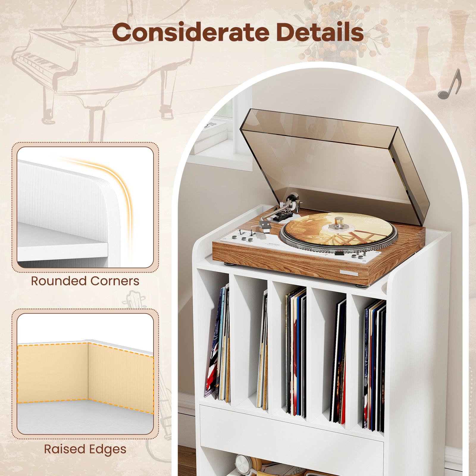 SUGIFT Record Player Turntable Stand with Drawer and Record Holder 66-lb Tabletop Capacity White