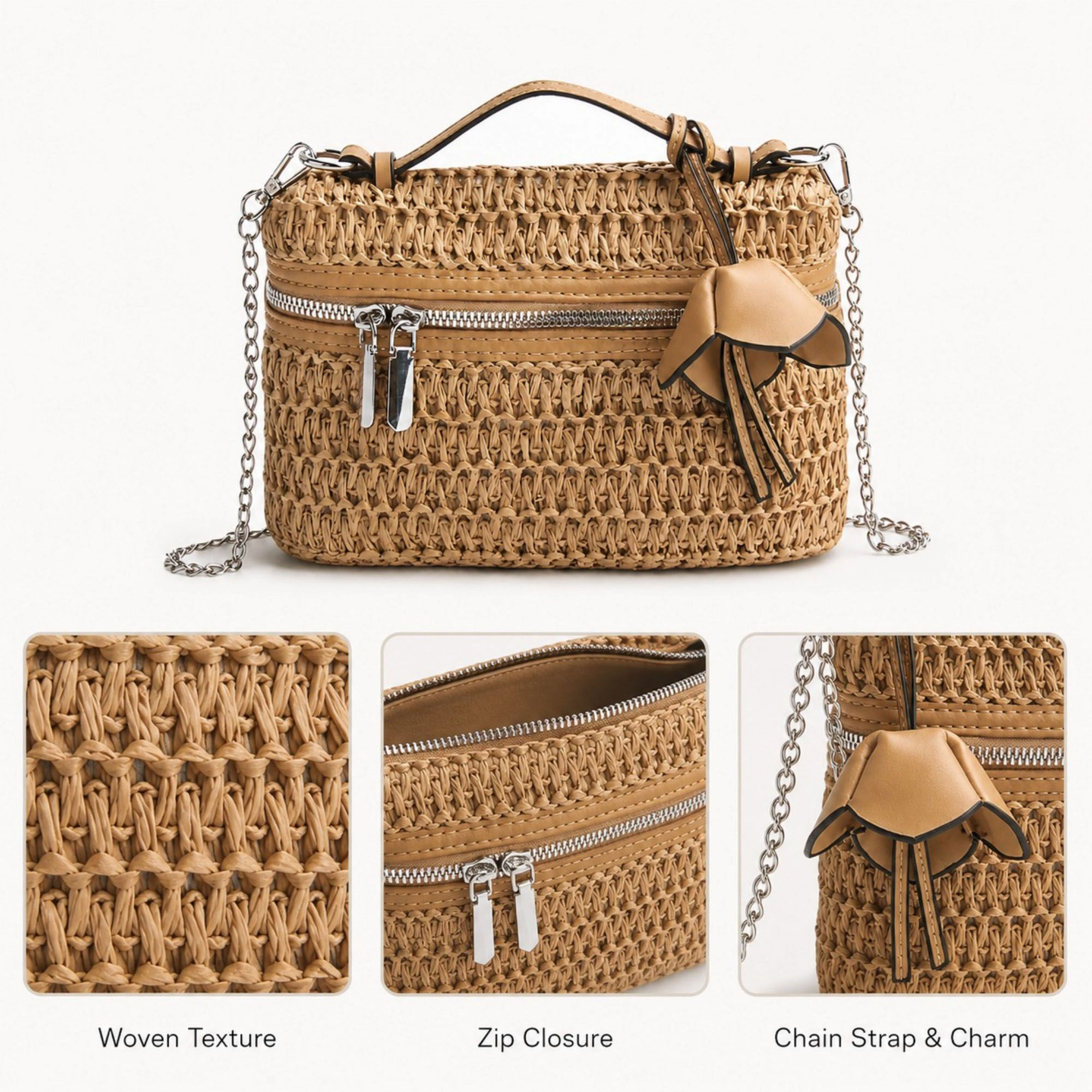 Alilang Women's Straw Woven Crossbody Bag with Chain Strap