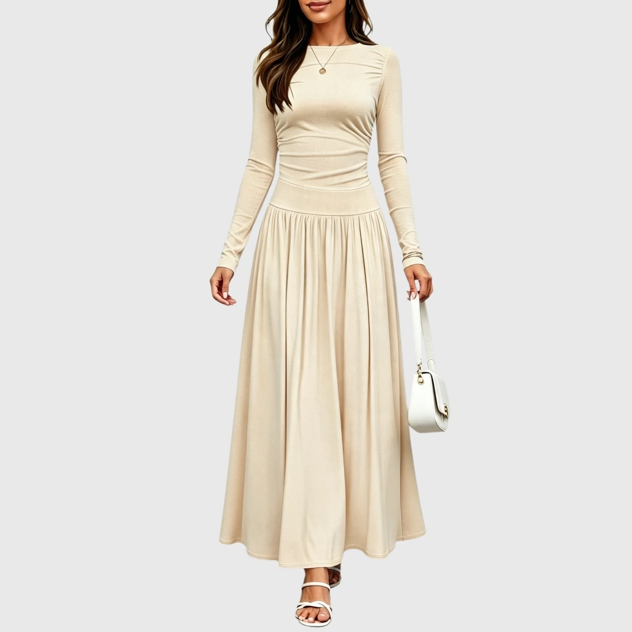 YesFashion Womens Fall Maxi Dress Casual Stretch Long Sleeve Crewneck A Line Flowy