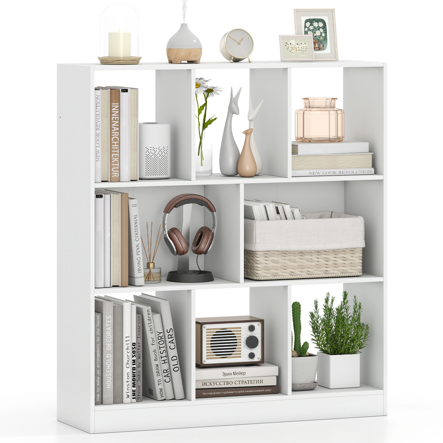 LJG 8-Cube Bookcase 3-Tier with 2-Sized Compartments and Anti-Tip Kits for Living Room