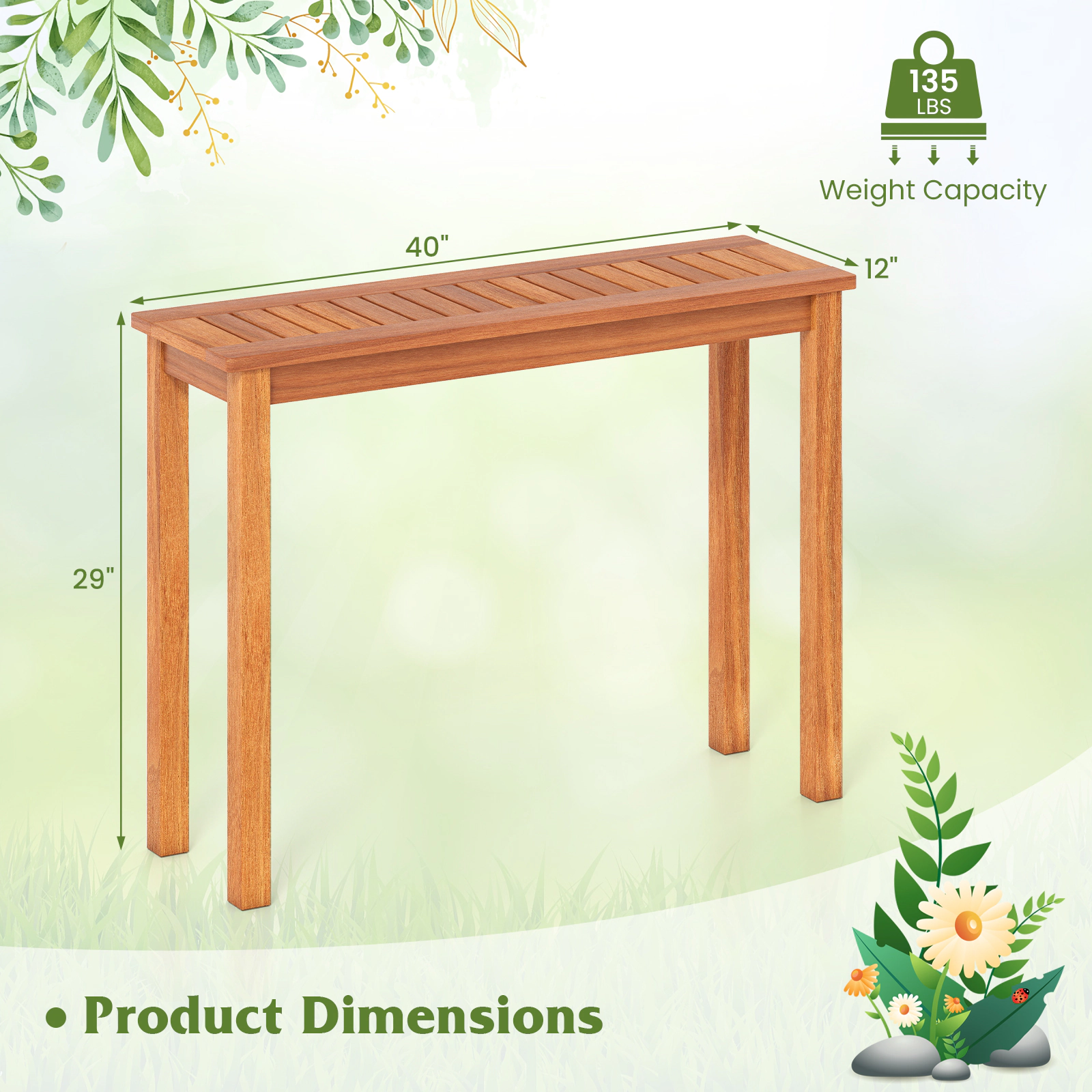 SUGIFT Slatted Top Wooden Plant Stand Bench 330-lb Capacity Brown Indoor Outdoor Flower Pot Holder Display Shelf