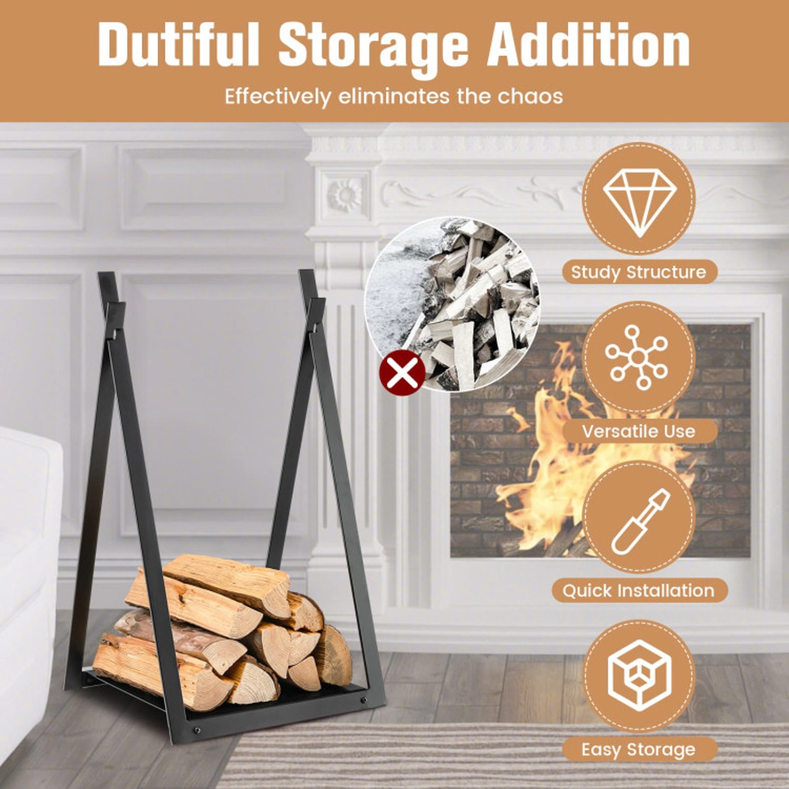 SUGIFT Black 132-lb Capacity Triangle Steel Firewood Rack Outdoor with Raised Solid Base and Square Tube Frame