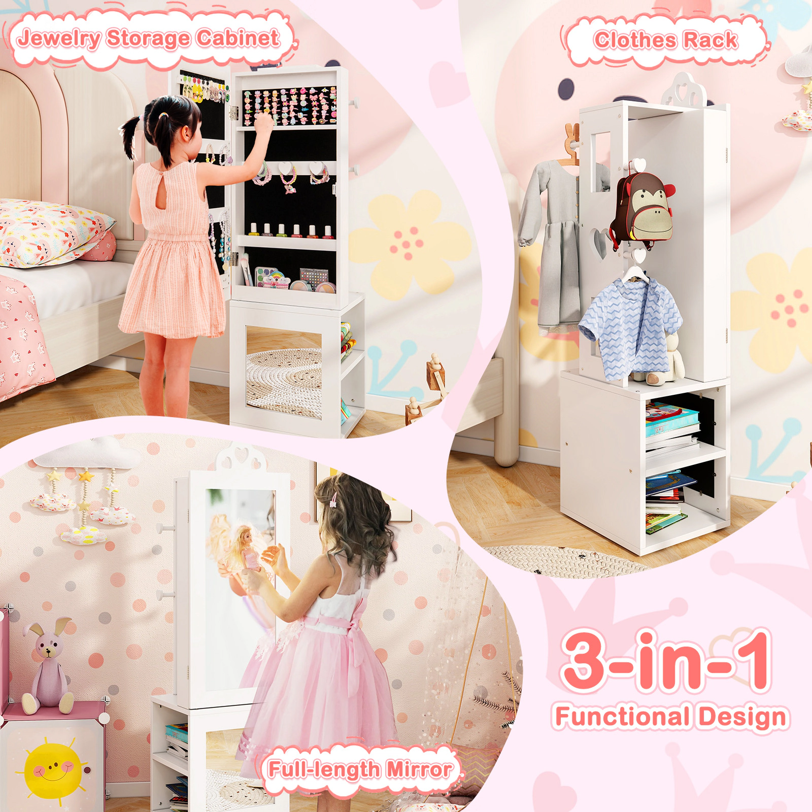 SUGIFT 3-in-1 Kids Jewelry Armoire with Full-Length Mirror Rear Hooks and Shelves for Bedroom Storage