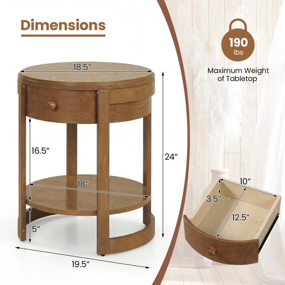 Hivvago Wooden 2-Layer Accent Table with Drawer and Round Design for Bedroom or Living Room