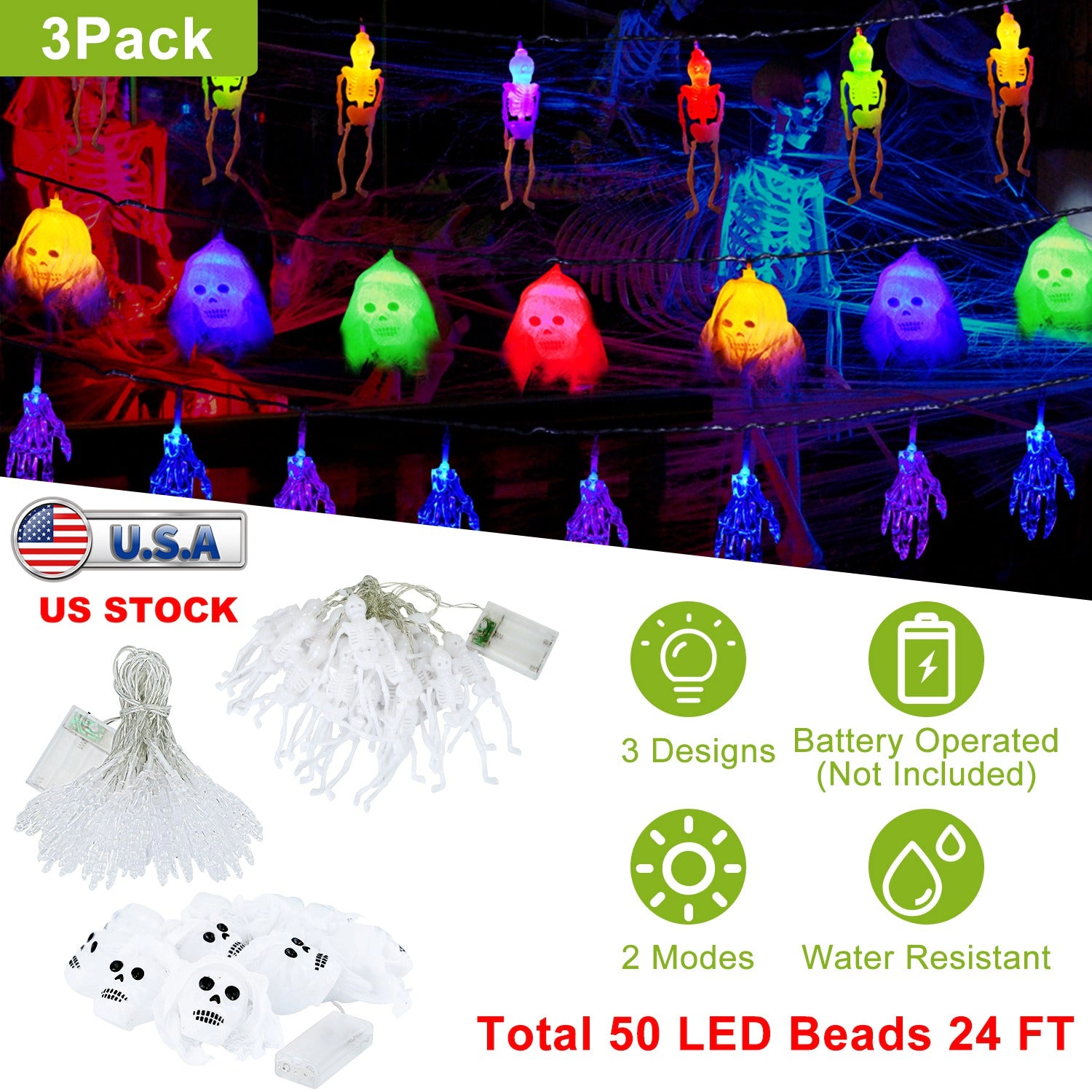 GBruno 3D Halloween String Lights Set, 50 LEDs, 24ft