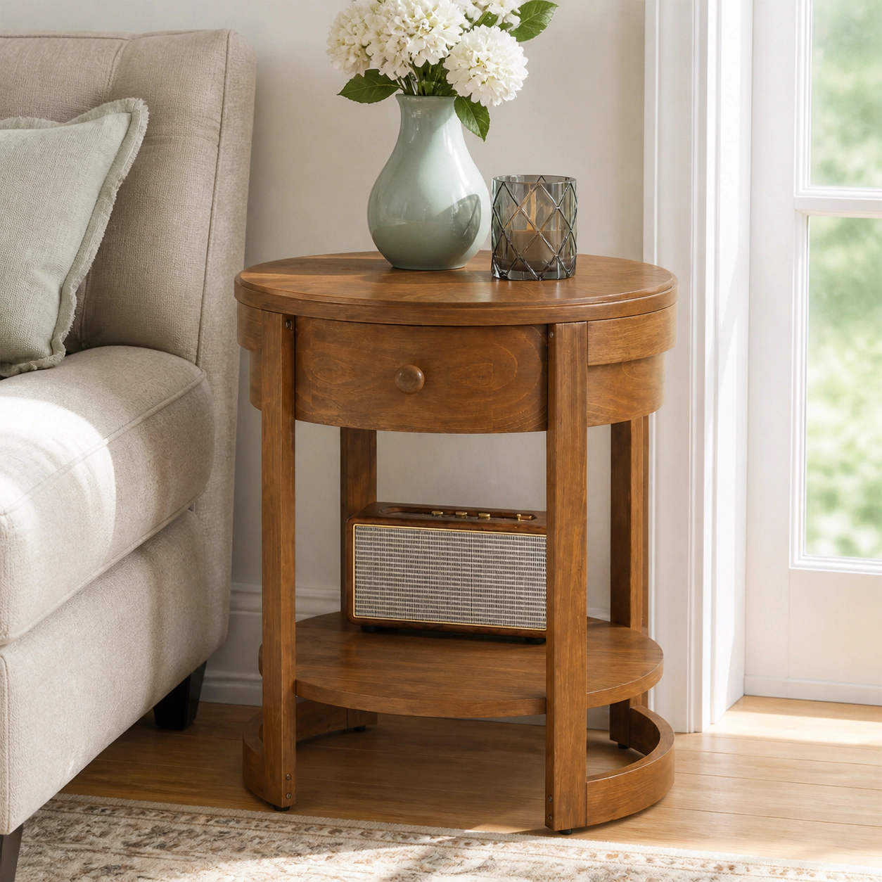 SUGIFT Set of 2 Round Oak Nightstands, 24-Inch 2-Tier Mid-Century Side Tables with Drawer and Open Shelf