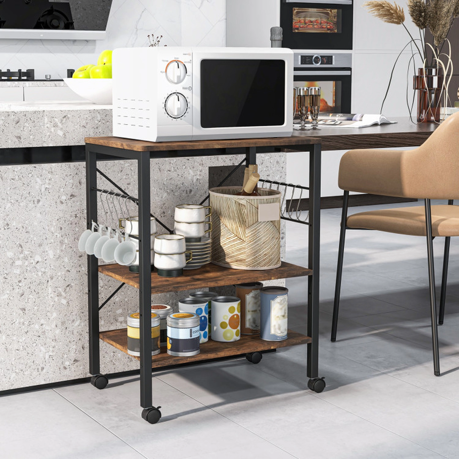 SUGIFT 3-Tier Kitchen Bakers Rack Rustic Brown Microwave Cart with 10 Hooks