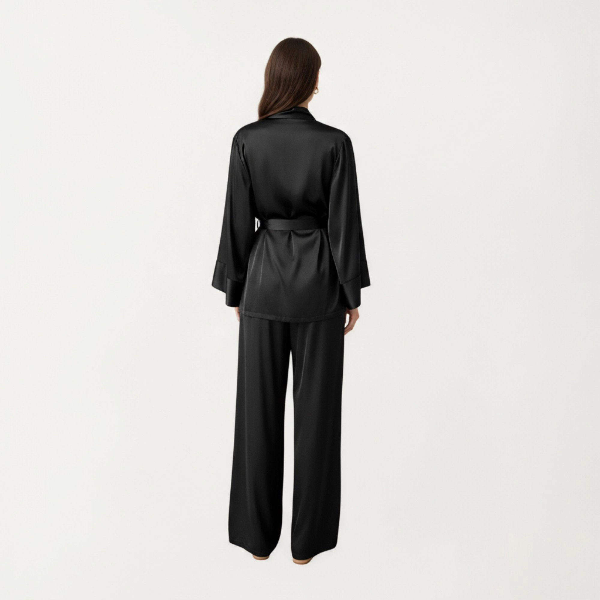 Anna-Kaci Women's 2-Piece Satin Wrap Long Sleeve Belted Top and Wide Leg Pants