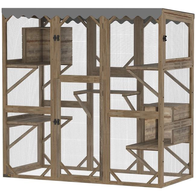 212 Main PawHut Outdoor Cat Enclosure with Window Access - 5 Platforms & 2 Resting Boxes - Waterproof Roof, Brown