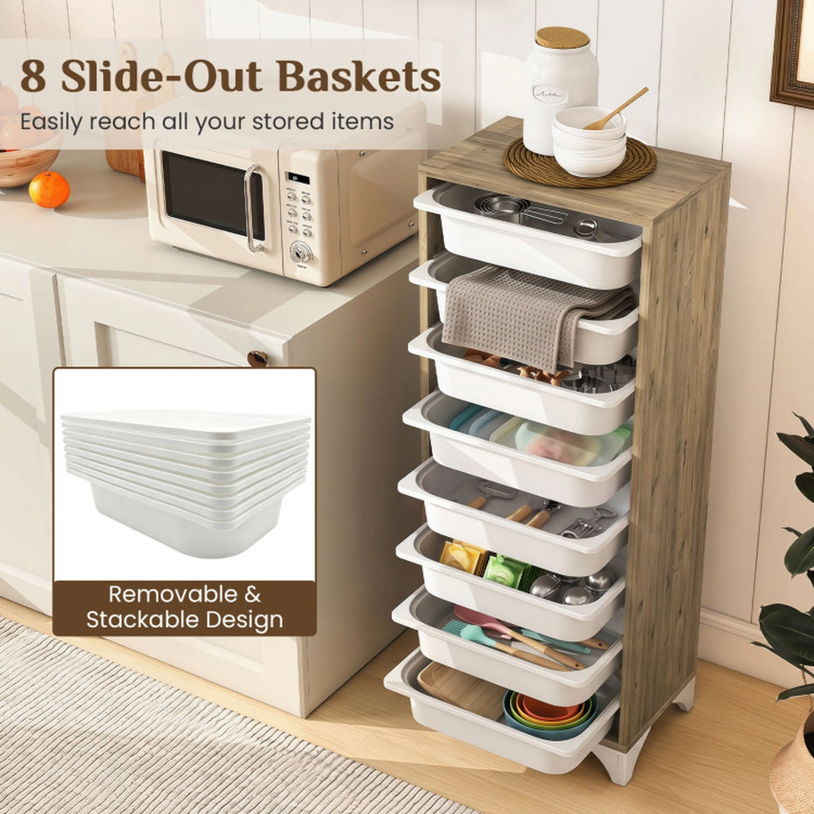SUGIFT 9-Tier 46-in Oak Wooden Freestanding Fruit and Vegetable Storage Rack with 8 Slide-Out Baskets