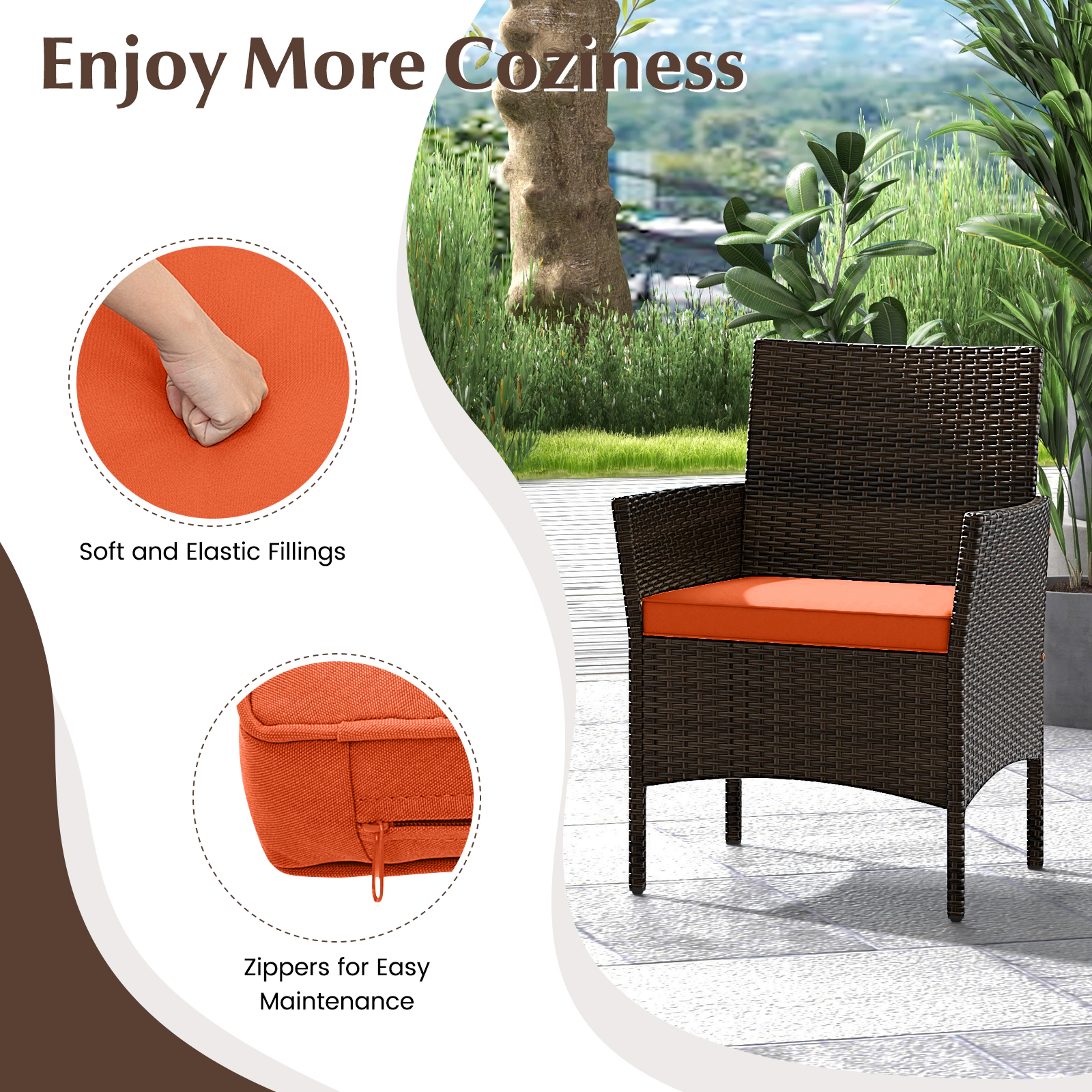 SUGIFT Patio Conversation Set with Cushions 800-lb Loveseat 400-lb Chair Capacity Mix Brown Rattan Orange Cushions