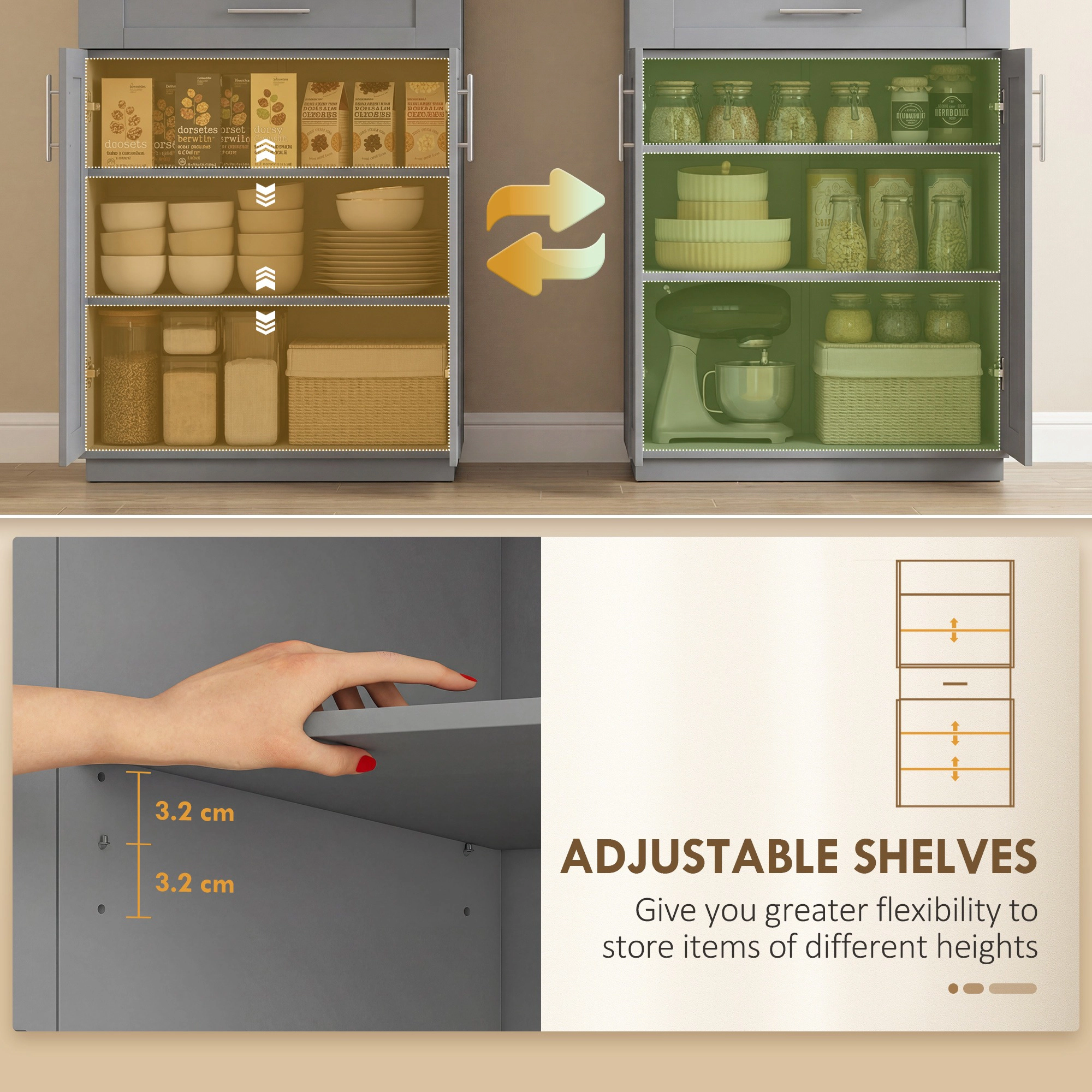 HONGGE Modern Kitchen Pantry Freestanding Cabinet Cupboard with Doors and Drawer Adjustable Shelving