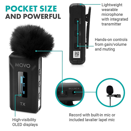 Movo WMX-2-C Wireless Microphone for iPhone 15/16 with Charging Case - 7HR Battery Wireless Lavalier Microphone