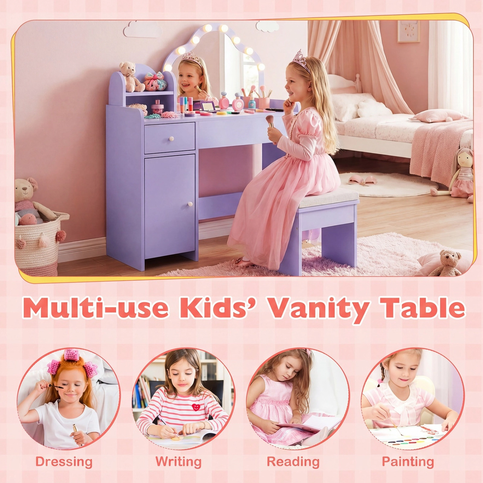 SUGIFT Kids Vanity Desk Lighted Acrylic Mirror & Storage 44-lb Tabletop Capacity Ages 3+ Pink/Purple/White 2-Piece Set