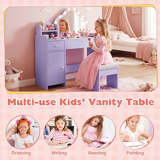 SUGIFT Kids Vanity Desk Lighted Acrylic Mirror & Storage 44-lb Tabletop Capacity Ages 3+ Pink/Purple/White 2-Piece Set