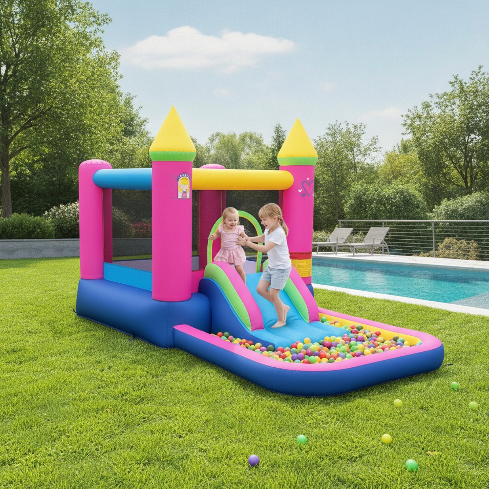 4-in-1 Princess Bouncy Castle Inflatable Bounce House with Slide Basketball Hoop Ball Pit