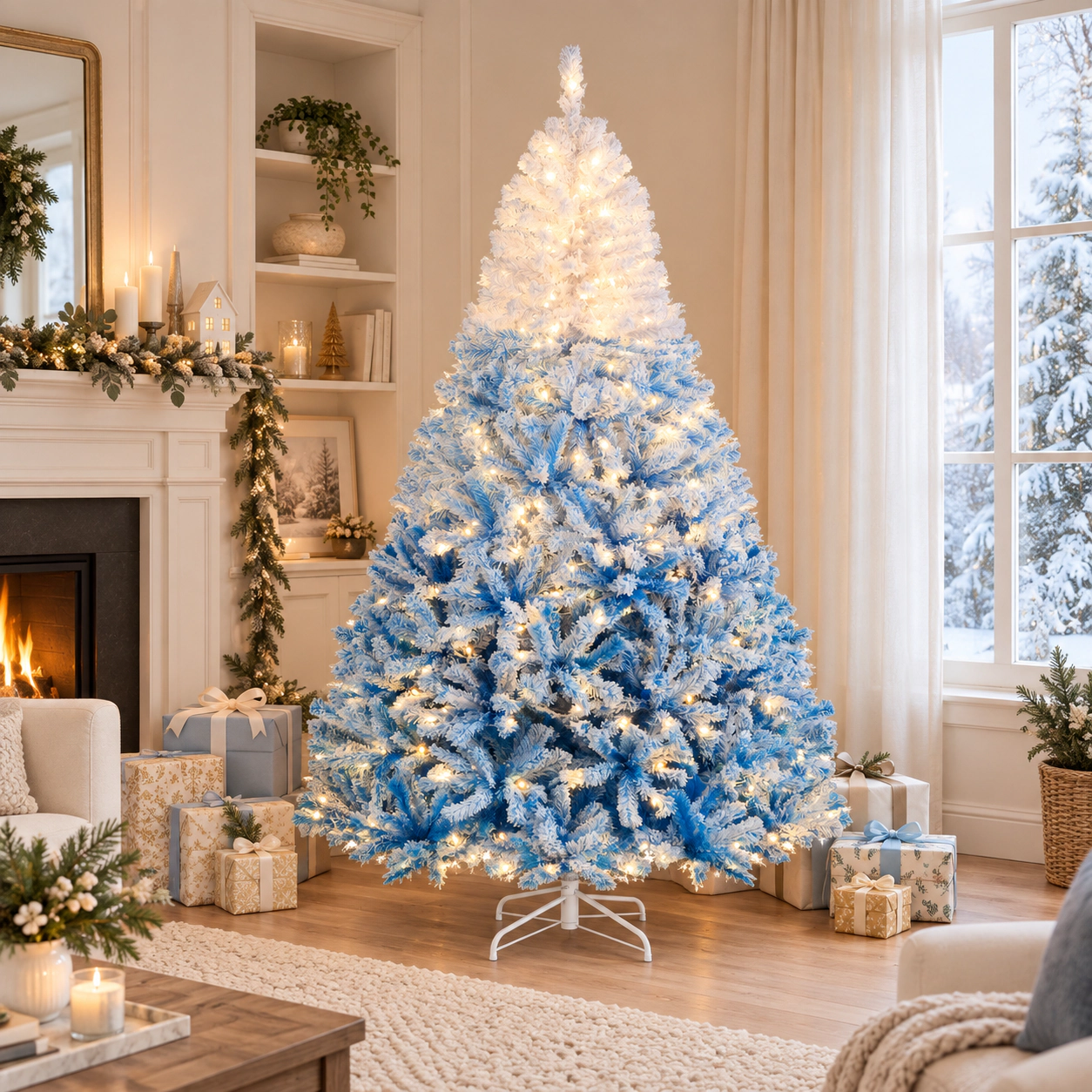 SUGIFT 7-ft Pre-Lit Snow Flocked Gradient Artificial Christmas Tree with 350 Warm White LED Lights 1264 Tips Blue