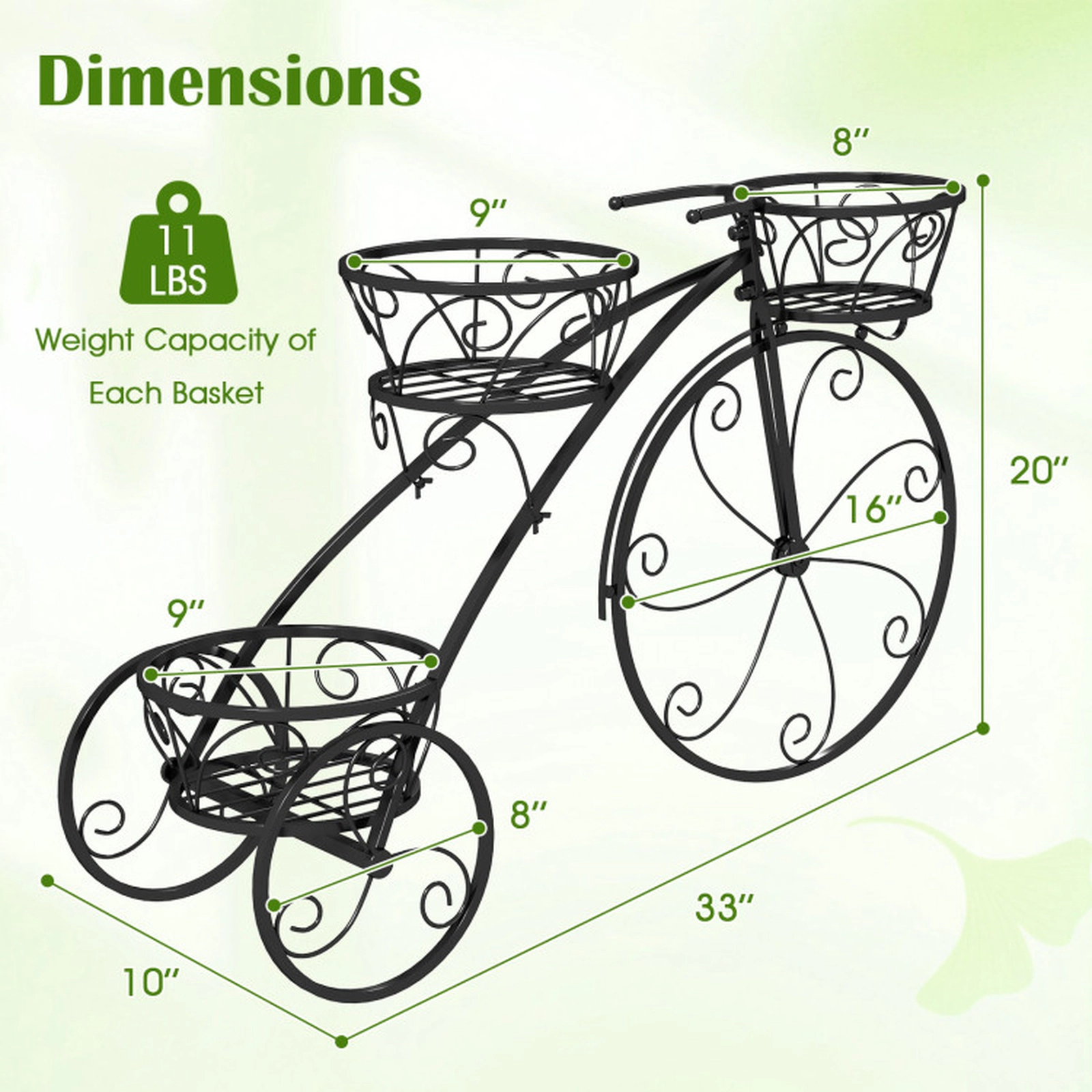 SUGIFT 3-Tier Tricycle Plant Stand Flower Pot Cart Holder with 3 Hollowed Baskets 11-lb Capacity Black