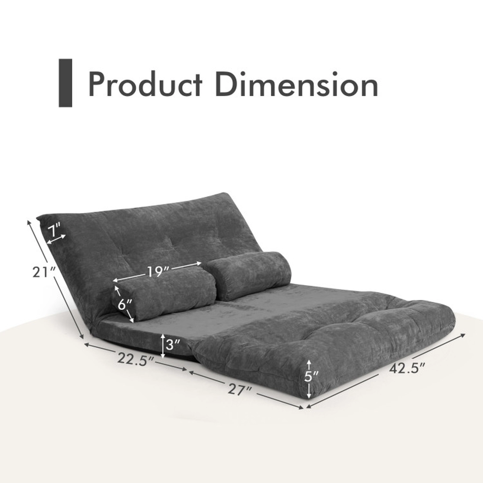 SUGIFT 6-Position 2 Pillows Corduroy Convertible Sleeper Floor Sofa Bed 71-in x 42.5-in x 7-in 330-lb Capacity Gray
