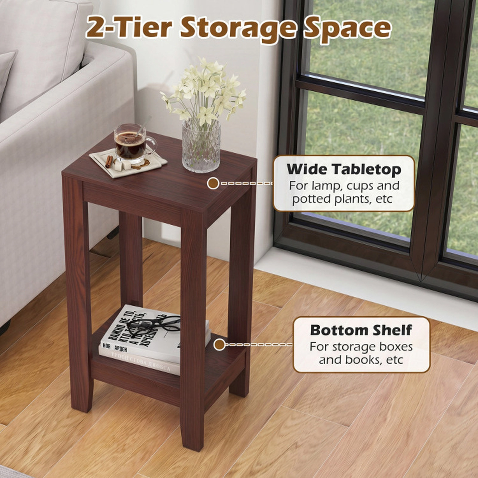 SUGIFT Set of 2 Narrow 2-Tier Open Shelf Solid Wood Legs MDF End Tables 16-in x 12-in x 29-in 11-lb Capacity Brown