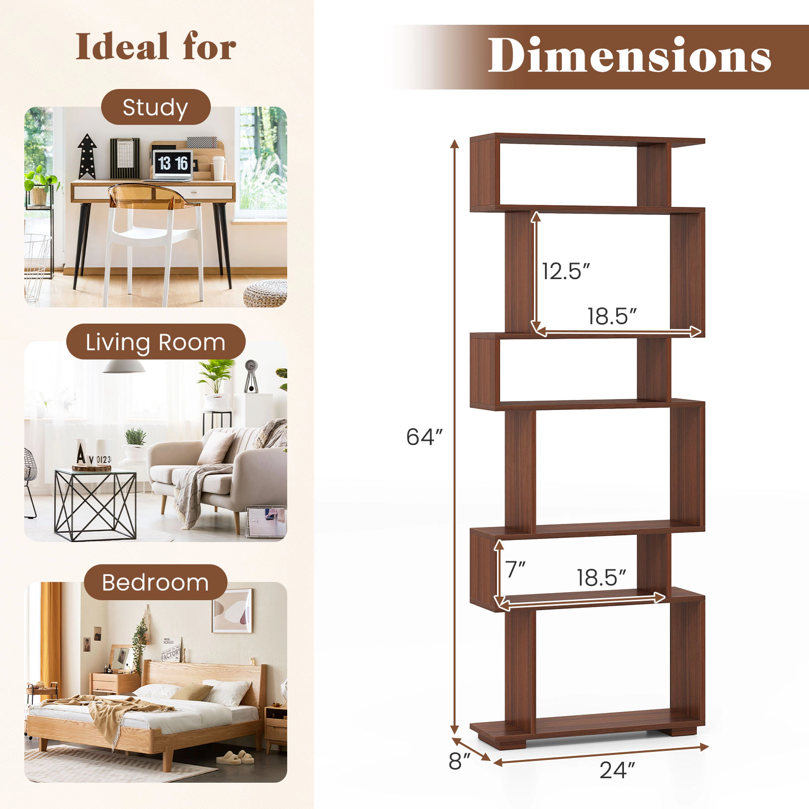 SUGIFT 6-Tier Walnut 64-in Tall Narrow Geometric Bookshelf 8-in Deep with 2 Anti-Tipping Kits for Small Spaces
