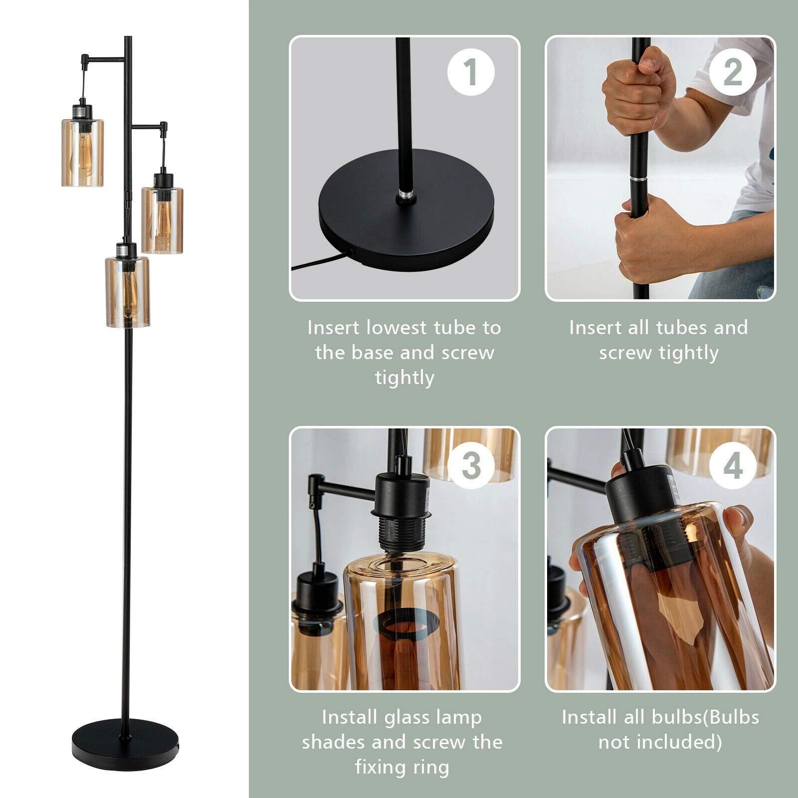 SUGIFT 3-Head Amber Glass Shade Foot Switch Retro Floor Lamp 64.5-in Tall 9.5-in Base 60W Max E26 Socket Black